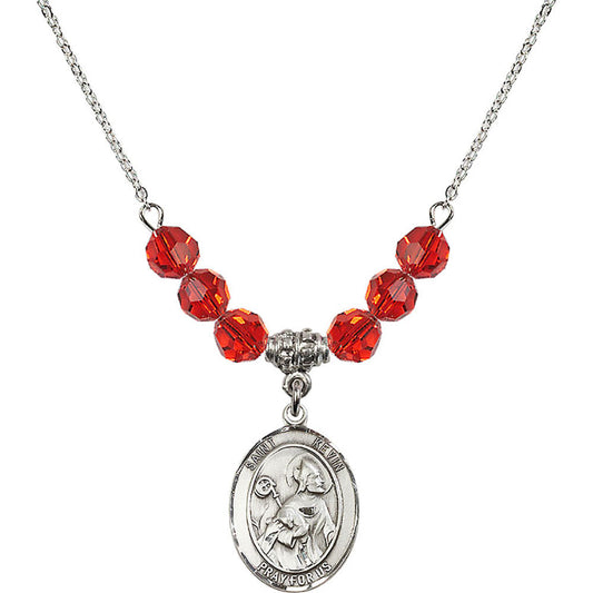 Sterling Silver Saint Kevin Birthstone Necklace with Ruby Beads - 8062