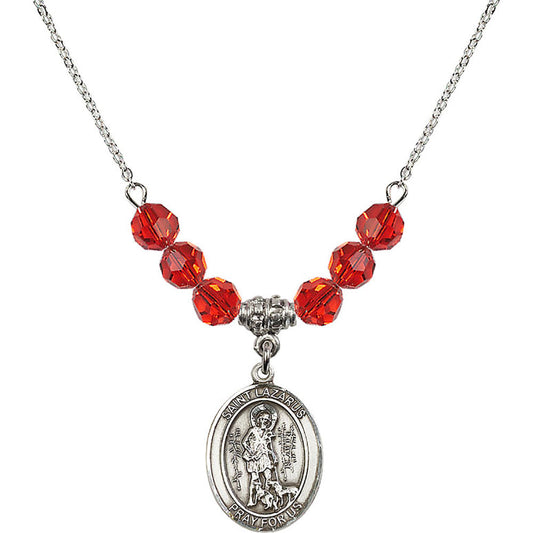 Sterling Silver Saint Lazarus Birthstone Necklace with Ruby Beads - 8066