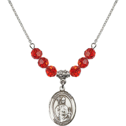 Sterling Silver Saint Kilian Birthstone Necklace with Ruby Beads - 8067
