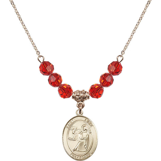 14kt Gold Filled Saint Luke the Apostle Birthstone Necklace with Ruby Beads - 8068
