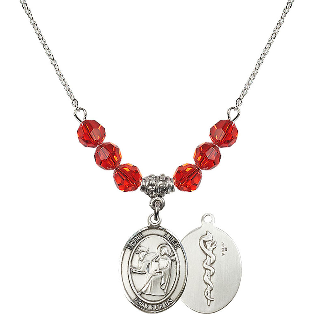 Sterling Silver Saint Luke the Apostle / Doctor Birthstone Necklace with Ruby Beads - 8068