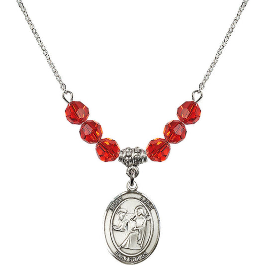Sterling Silver Saint Luke the Apostle Birthstone Necklace with Ruby Beads - 8068