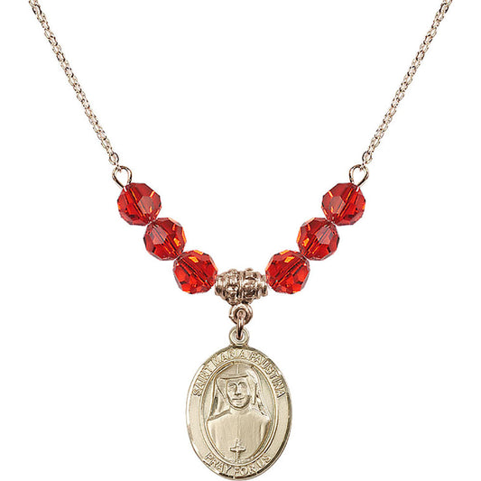 14kt Gold Filled Saint Maria Faustina Birthstone Necklace with Ruby Beads - 8069