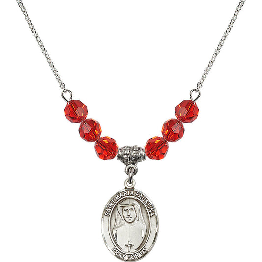 Sterling Silver Saint Maria Faustina Birthstone Necklace with Ruby Beads - 8069