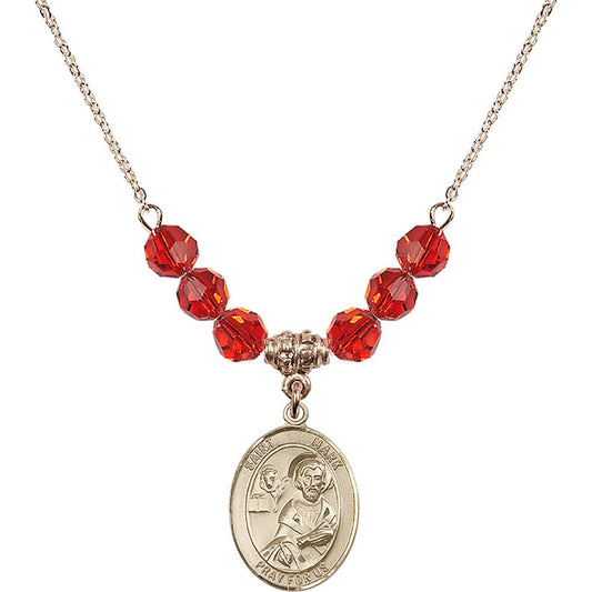 14kt Gold Filled Saint Mark the Evangelist Birthstone Necklace with Ruby Beads - 8070