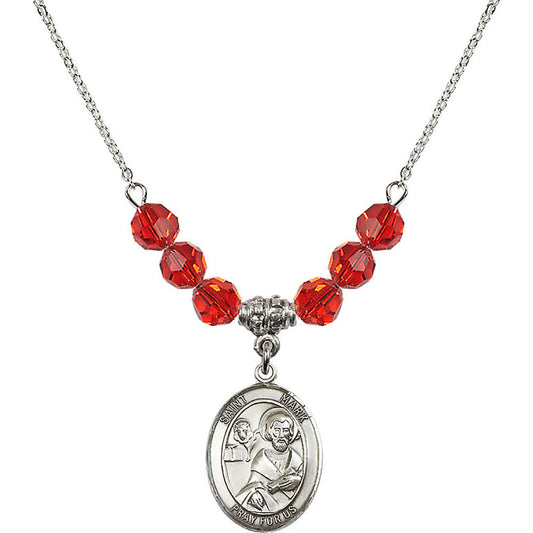 Sterling Silver Saint Mark the Evangelist Birthstone Necklace with Ruby Beads - 8070