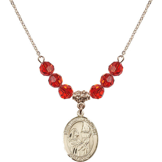 14kt Gold Filled Saint Mary Magdalene Birthstone Necklace with Ruby Beads - 8071