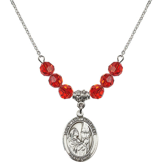 Sterling Silver Saint Mary Magdalene Birthstone Necklace with Ruby Beads - 8071