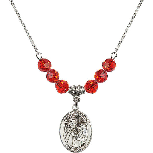 Sterling Silver Saint Margaret Mary Alacoque Birthstone Necklace with Ruby Beads - 8072