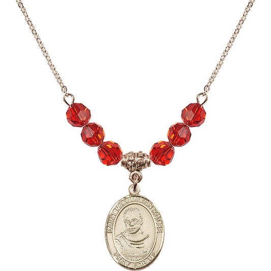 14kt Gold Filled Saint Maximilian Kolbe Birthstone Necklace with Ruby Beads - 8073