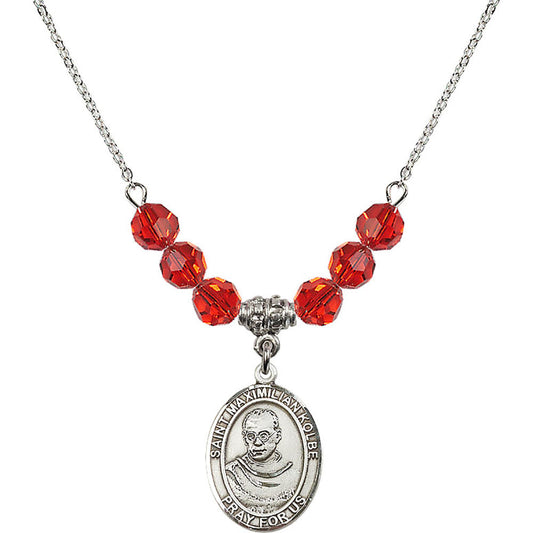 Sterling Silver Saint Maximilian Kolbe Birthstone Necklace with Ruby Beads - 8073