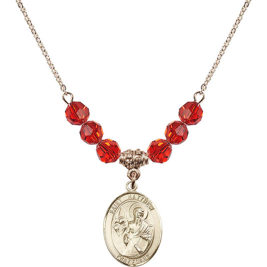 14kt Gold Filled Saint Matthew the Apostle Birthstone Necklace with Ruby Beads - 8074