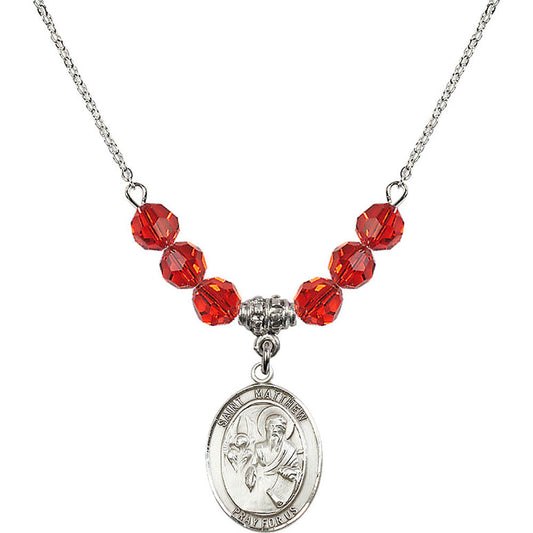 Sterling Silver Saint Matthew the Apostle Birthstone Necklace with Ruby Beads - 8074