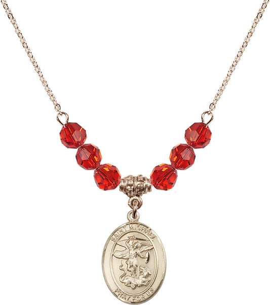 14kt Gold Filled Saint Michael the Archangel Birthstone Necklace with Ruby Beads - 8076