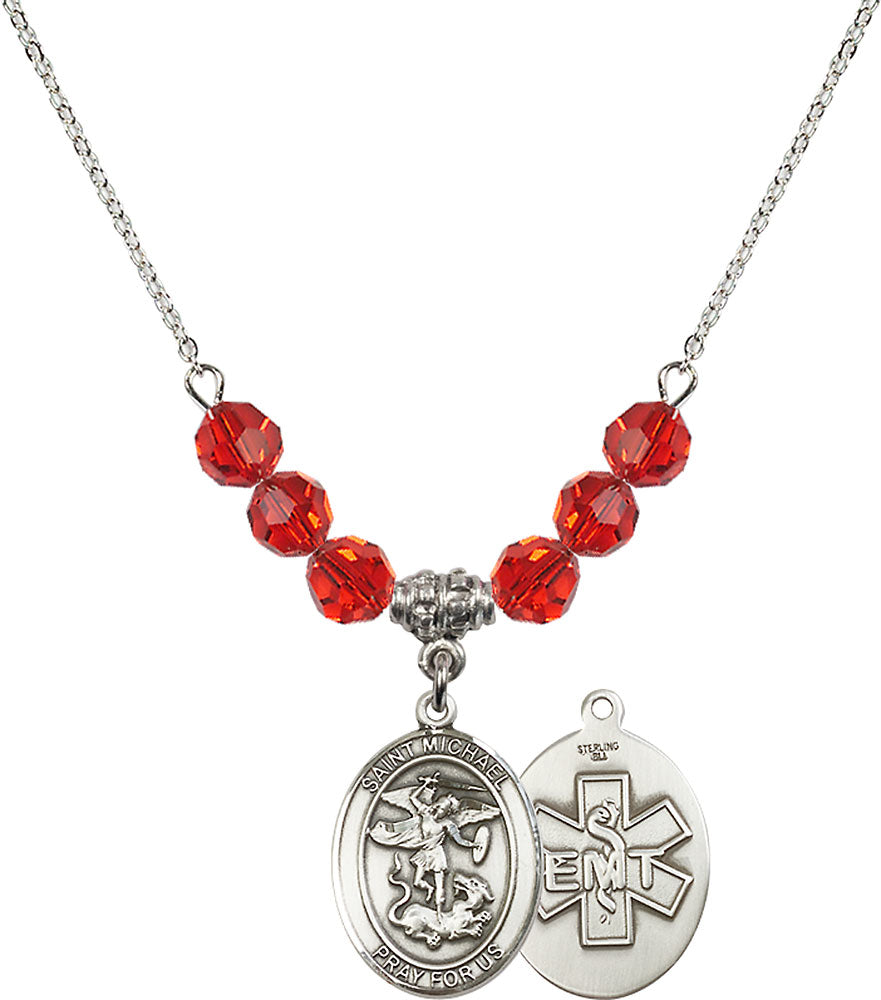 Sterling Silver Saint Michael / EMT Birthstone Necklace with Ruby Beads - 8076