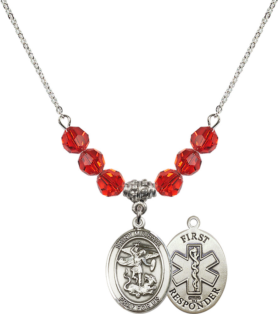 Sterling Silver Saint Michael/1St Responder Birthstone Necklace with Ruby Beads - 8076