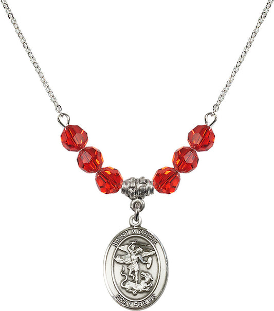 Sterling Silver Saint Michael the Archangel Birthstone Necklace with Ruby Beads - 8076