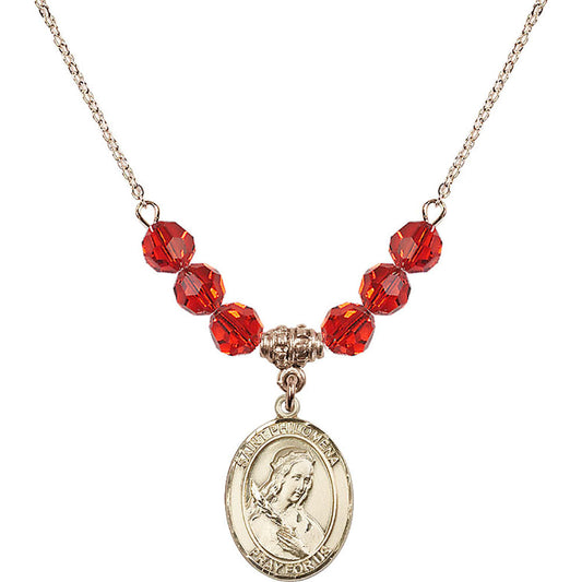 14kt Gold Filled Saint Philomena Birthstone Necklace with Ruby Beads - 8077