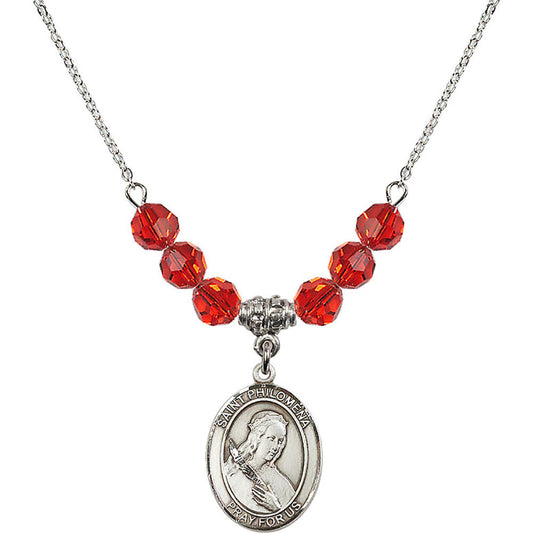Sterling Silver Saint Philomena Birthstone Necklace with Ruby Beads - 8077