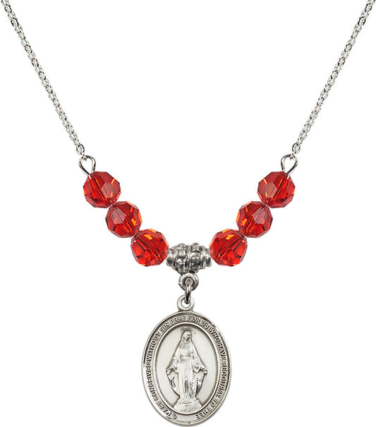 Sterling Silver Miraculous Birthstone Necklace with Ruby Beads - 8078