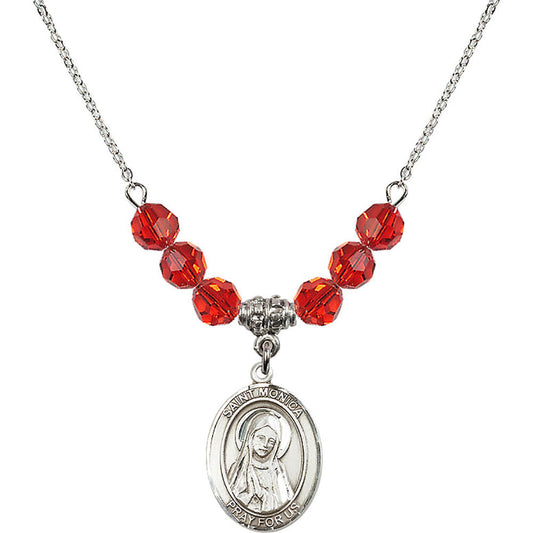 Sterling Silver Saint Monica Birthstone Necklace with Ruby Beads - 8079