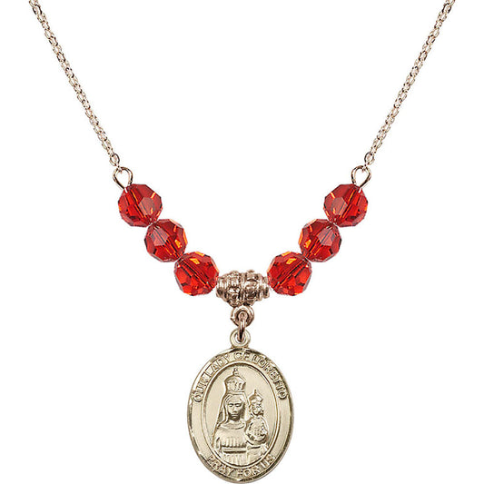 14kt Gold Filled Our Lady of Loretto Birthstone Necklace with Ruby Beads - 8082