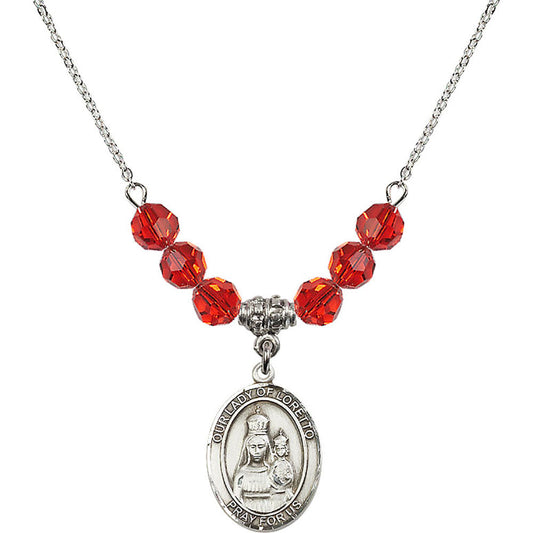 Sterling Silver Our Lady of Loretto Birthstone Necklace with Ruby Beads - 8082
