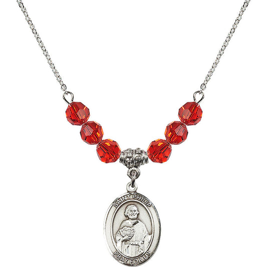 Sterling Silver Saint Philip the Apostle Birthstone Necklace with Ruby Beads - 8083
