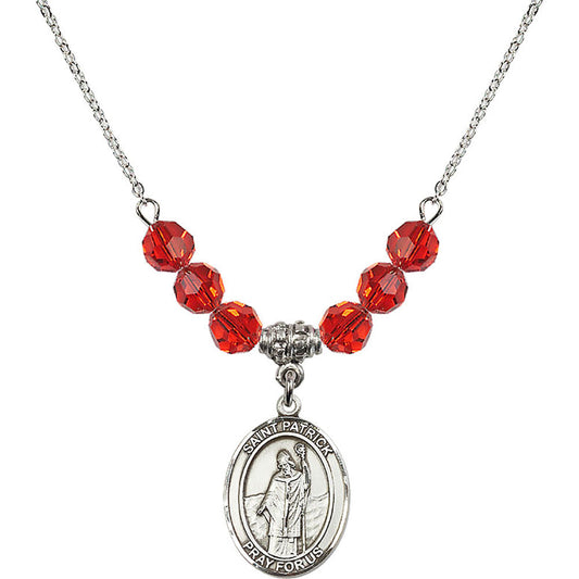 Sterling Silver Saint Patrick Birthstone Necklace with Ruby Beads - 8084