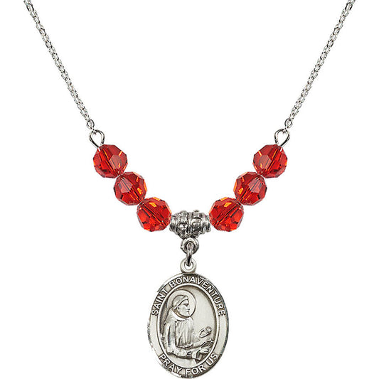 Sterling Silver Saint Bonaventure Birthstone Necklace with Ruby Beads - 8085
