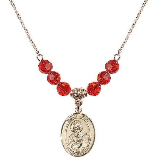 14kt Gold Filled Saint Paul the Apostle Birthstone Necklace with Ruby Beads - 8086