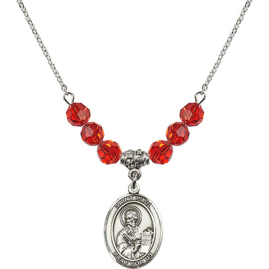 Sterling Silver Saint Paul the Apostle Birthstone Necklace with Ruby Beads - 8086