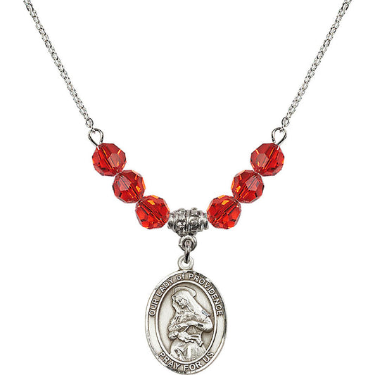 Sterling Silver Our Lady of Providence Birthstone Necklace with Ruby Beads - 8087