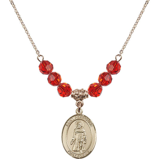 14kt Gold Filled Saint Peregrine Laziosi Birthstone Necklace with Ruby Beads - 8088