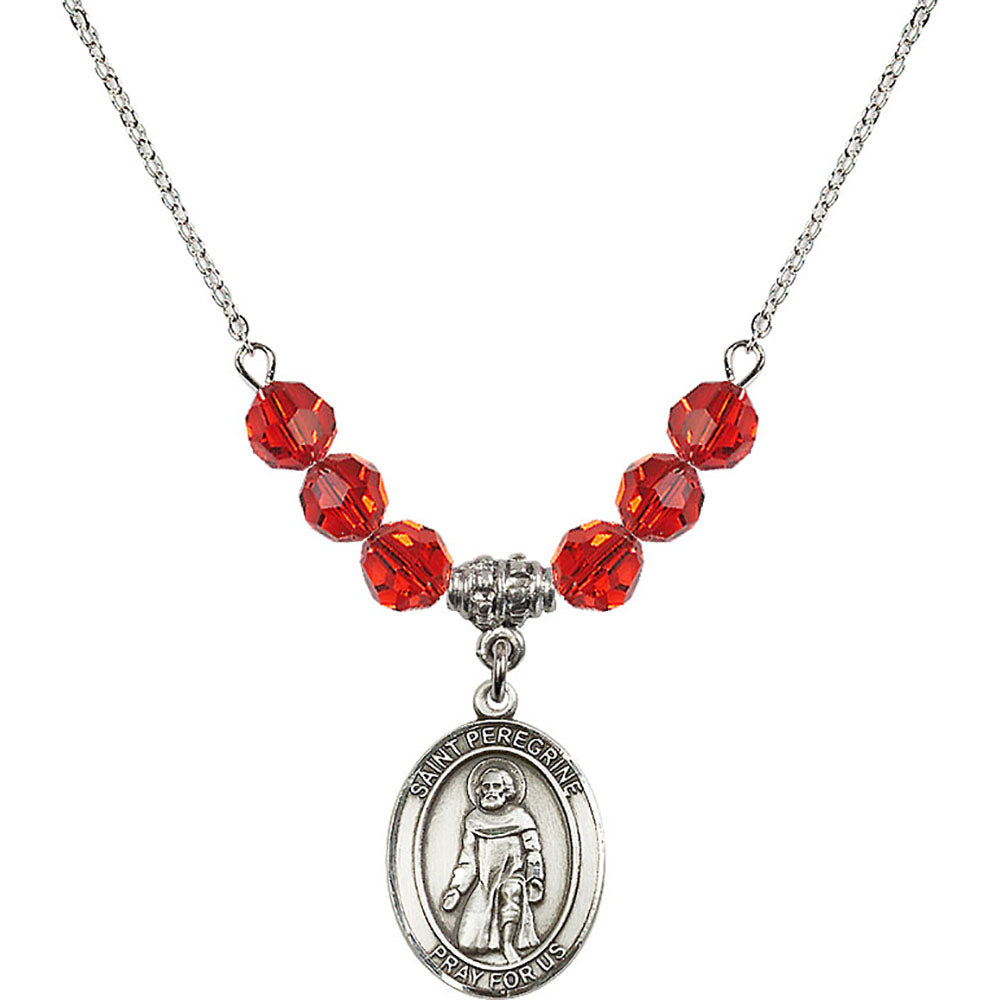 Sterling Silver Saint Peregrine Laziosi Birthstone Necklace with Ruby Beads - 8088