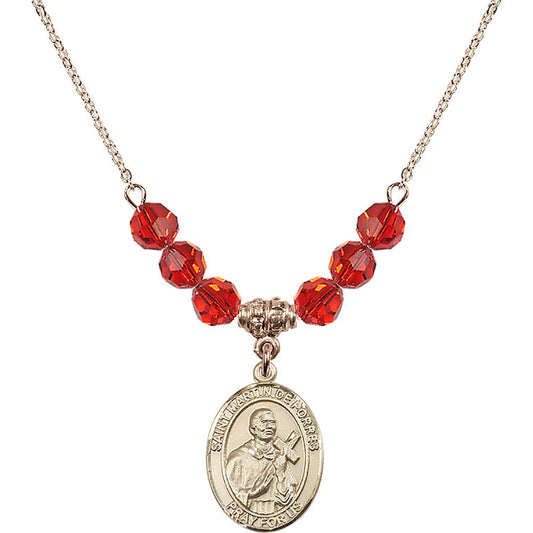 14kt Gold Filled Saint Martin de Porres Birthstone Necklace with Ruby Beads - 8089