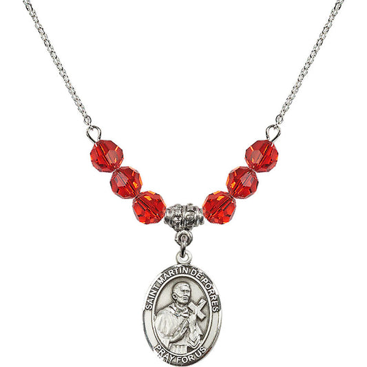 Sterling Silver Saint Martin de Porres Birthstone Necklace with Ruby Beads - 8089