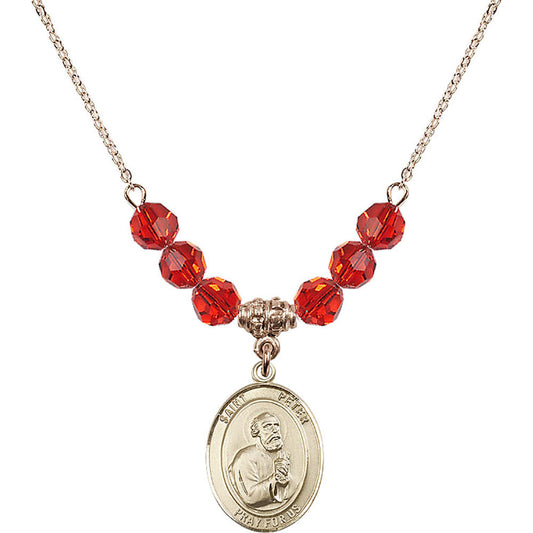 14kt Gold Filled Saint Peter the Apostle Birthstone Necklace with Ruby Beads - 8090