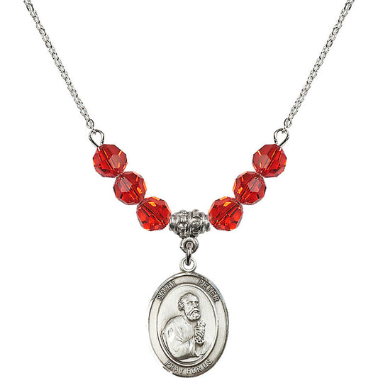 Sterling Silver Saint Peter the Apostle Birthstone Necklace with Ruby Beads - 8090