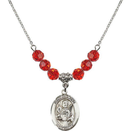 Sterling Silver Saint Raymond Nonnatus Birthstone Necklace with Ruby Beads - 8091