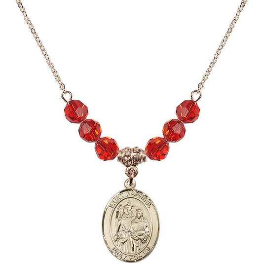 14kt Gold Filled Saint Raphael the Archangel Birthstone Necklace with Ruby Beads - 8092