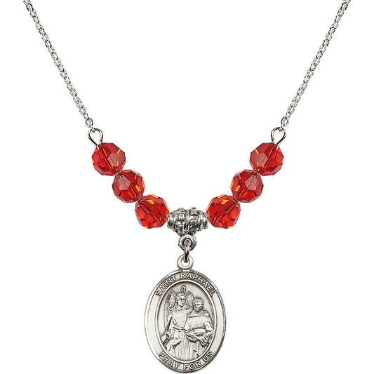 Sterling Silver Saint Raphael the Archangel Birthstone Necklace with Ruby Beads - 8092