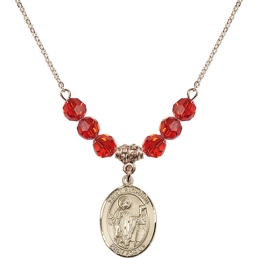 14kt Gold Filled Saint Richard Birthstone Necklace with Ruby Beads - 8093