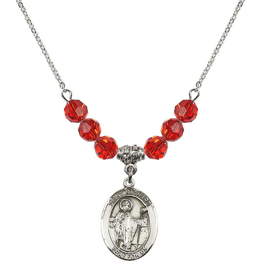Sterling Silver Saint Richard Birthstone Necklace with Ruby Beads - 8093