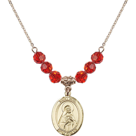 14kt Gold Filled Saint Rita of Cascia Birthstone Necklace with Ruby Beads - 8094