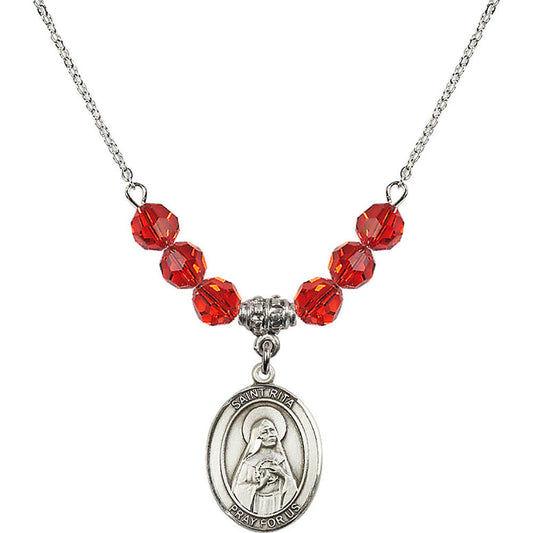 Sterling Silver Saint Rita of Cascia Birthstone Necklace with Ruby Beads - 8094