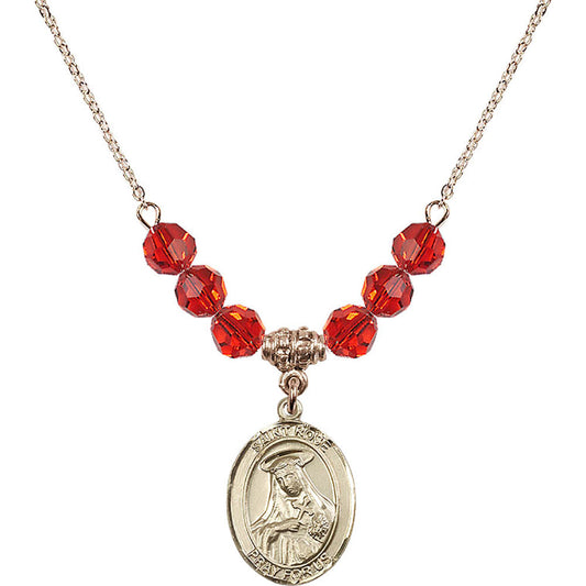 14kt Gold Filled Saint Rose of Lima Birthstone Necklace with Ruby Beads - 8095