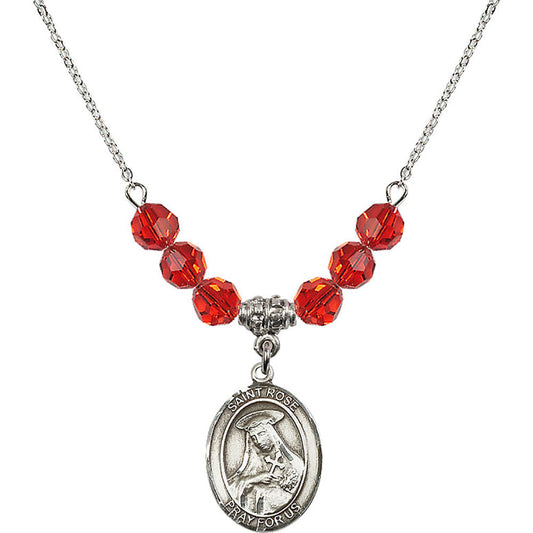 Sterling Silver Saint Rose of Lima Birthstone Necklace with Ruby Beads - 8095