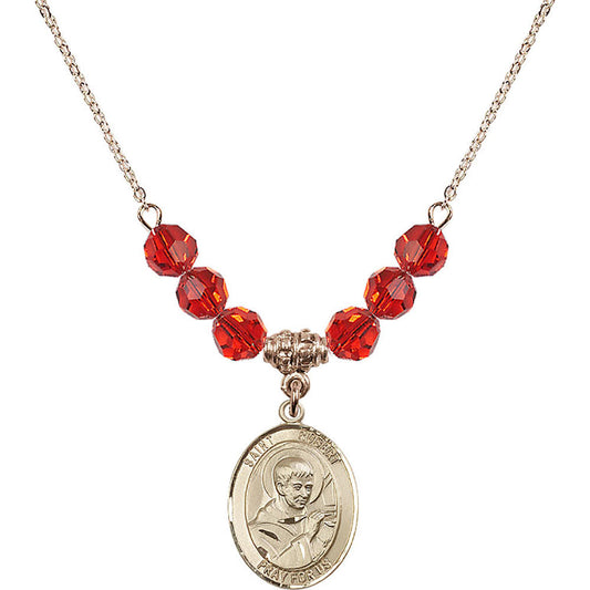 14kt Gold Filled Saint Robert Bellarmine Birthstone Necklace with Ruby Beads - 8096