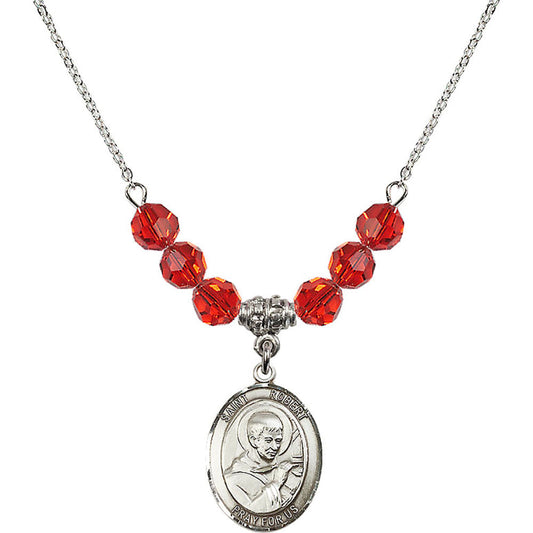 Sterling Silver Saint Robert Bellarmine Birthstone Necklace with Ruby Beads - 8096